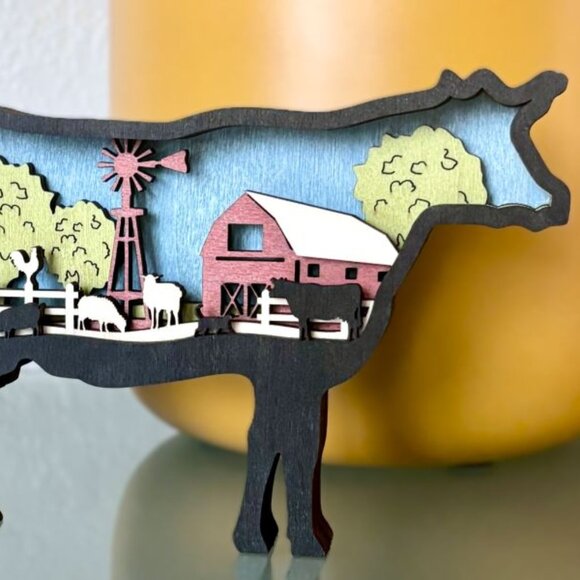 Country Farmhouse Decor Cow Farm Wood Wooden 3D Diorama Sculpture Figure New - Picture 1 of 7